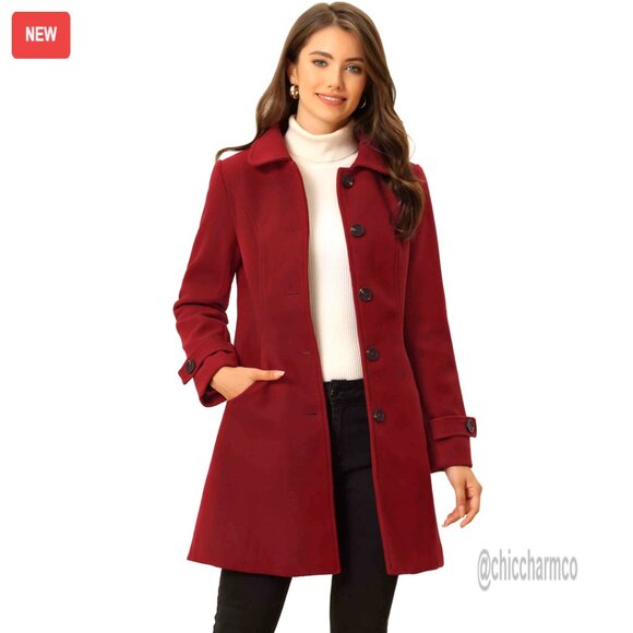 Wool Pea Coat Mid-Thigh A-Line Single Breasted Winter Overcoat